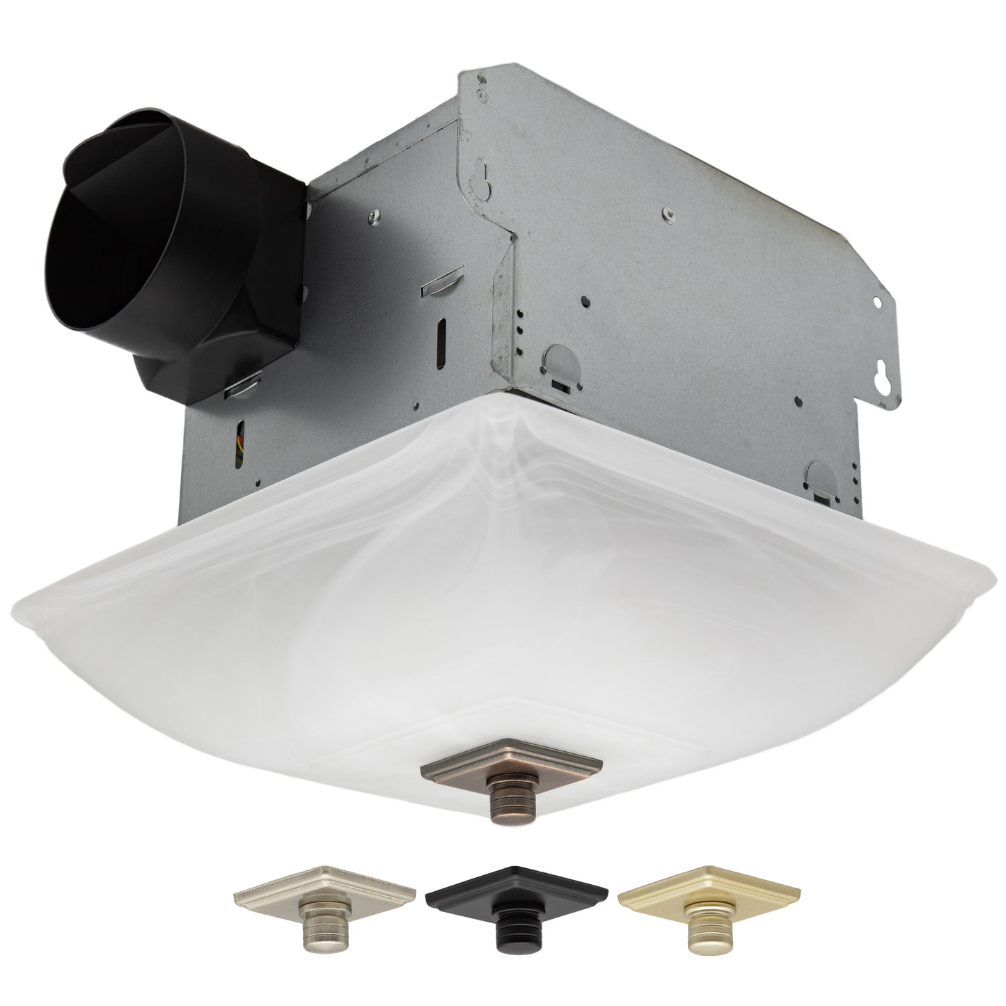 Decorative Series 70 CFM Exhaust Fan w/ Integrated Dimmable LED Light, Square Glass Shade & 4 Interchangeable Finials