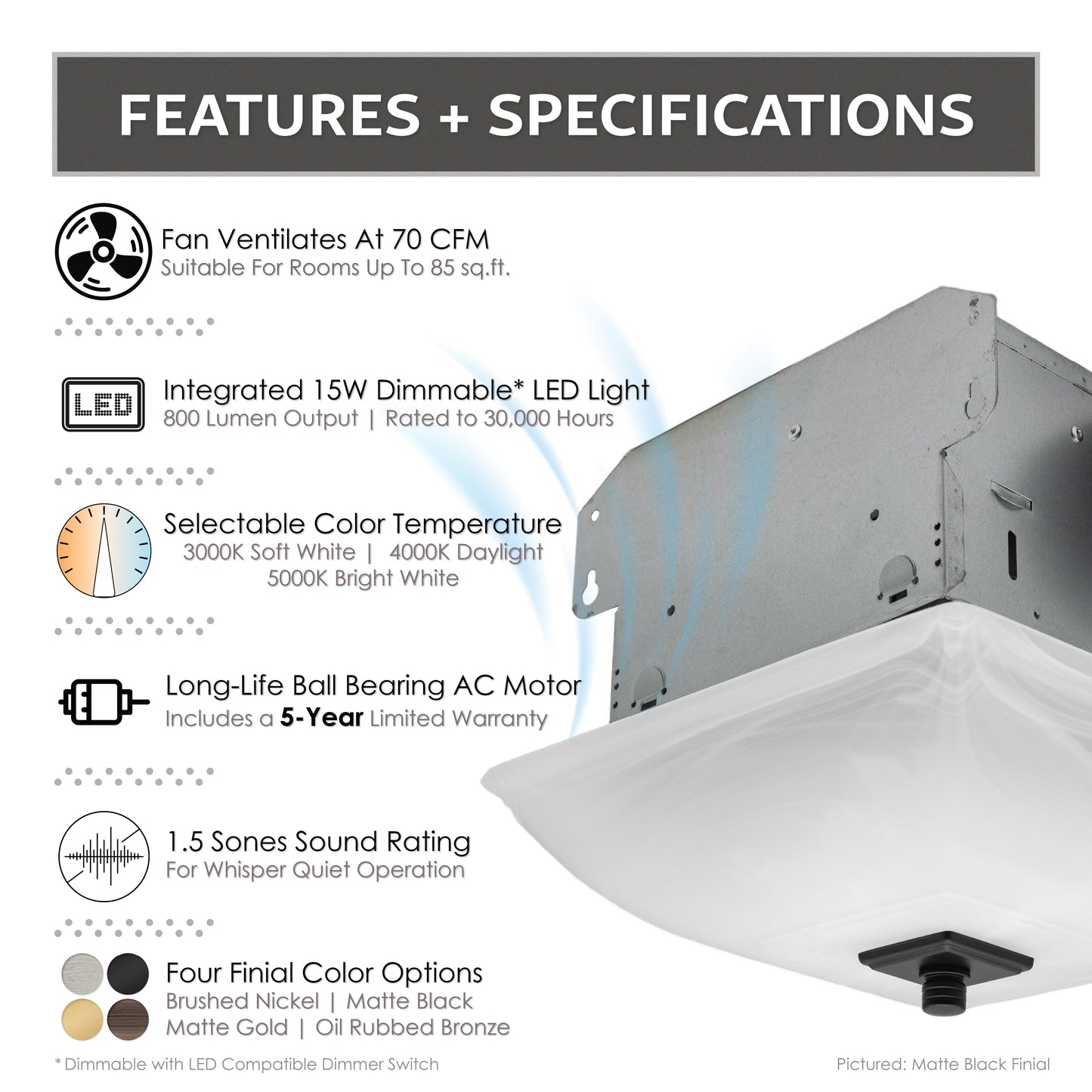 Decorative Series 70 CFM Exhaust Fan w/ Integrated Dimmable LED Light, Square Glass Shade & 4 Interchangeable Finials
