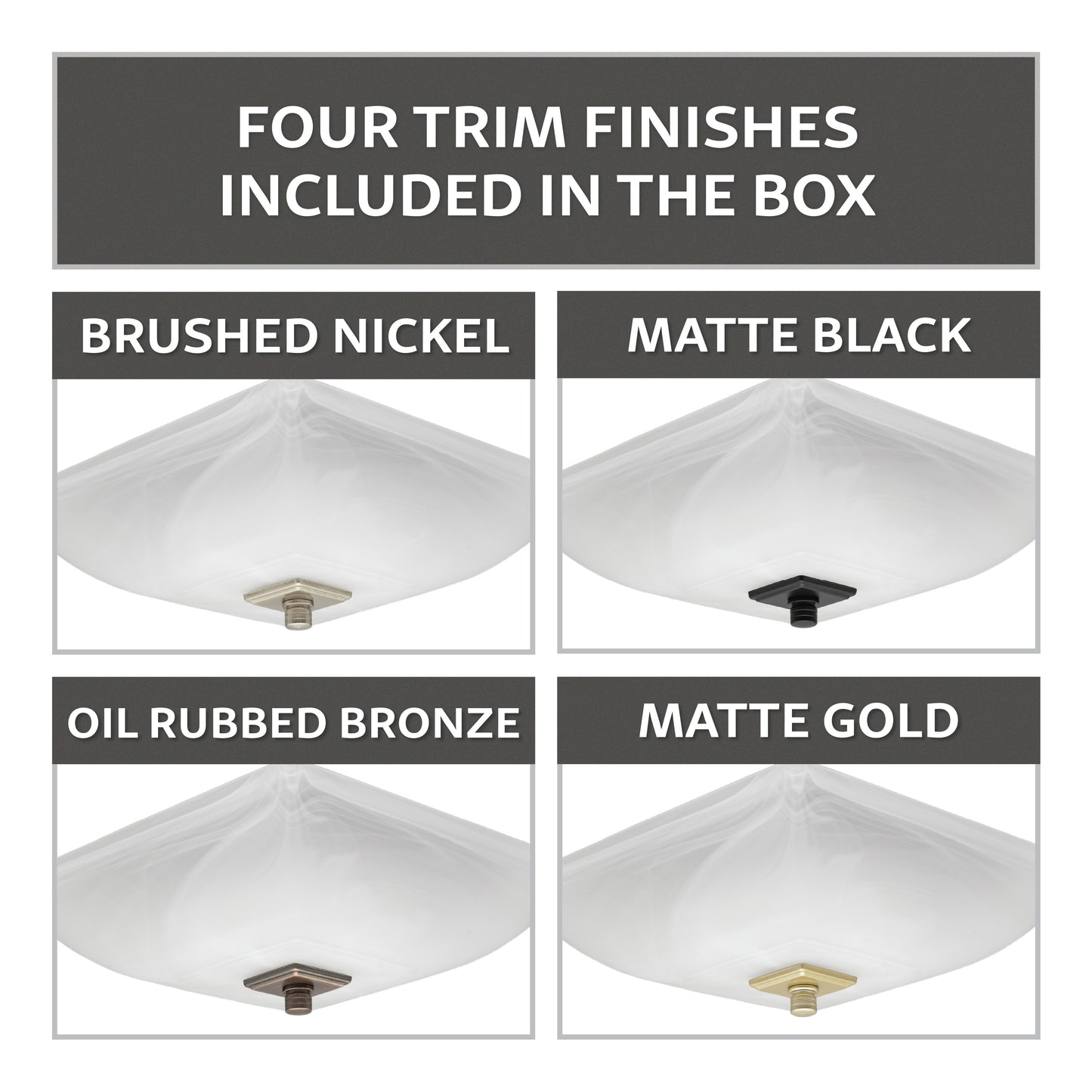 Decorative Series 70 CFM Exhaust Fan w/ Integrated Dimmable LED Light, Square Glass Shade & 4 Interchangeable Finials