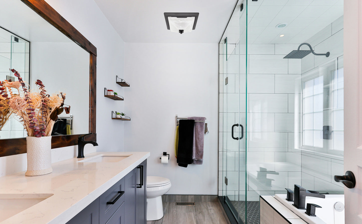 Decorative Series 110 CFM Exhaust Fan w/ Integrated Dimmable LED Light, Square Grille & Glass Shade